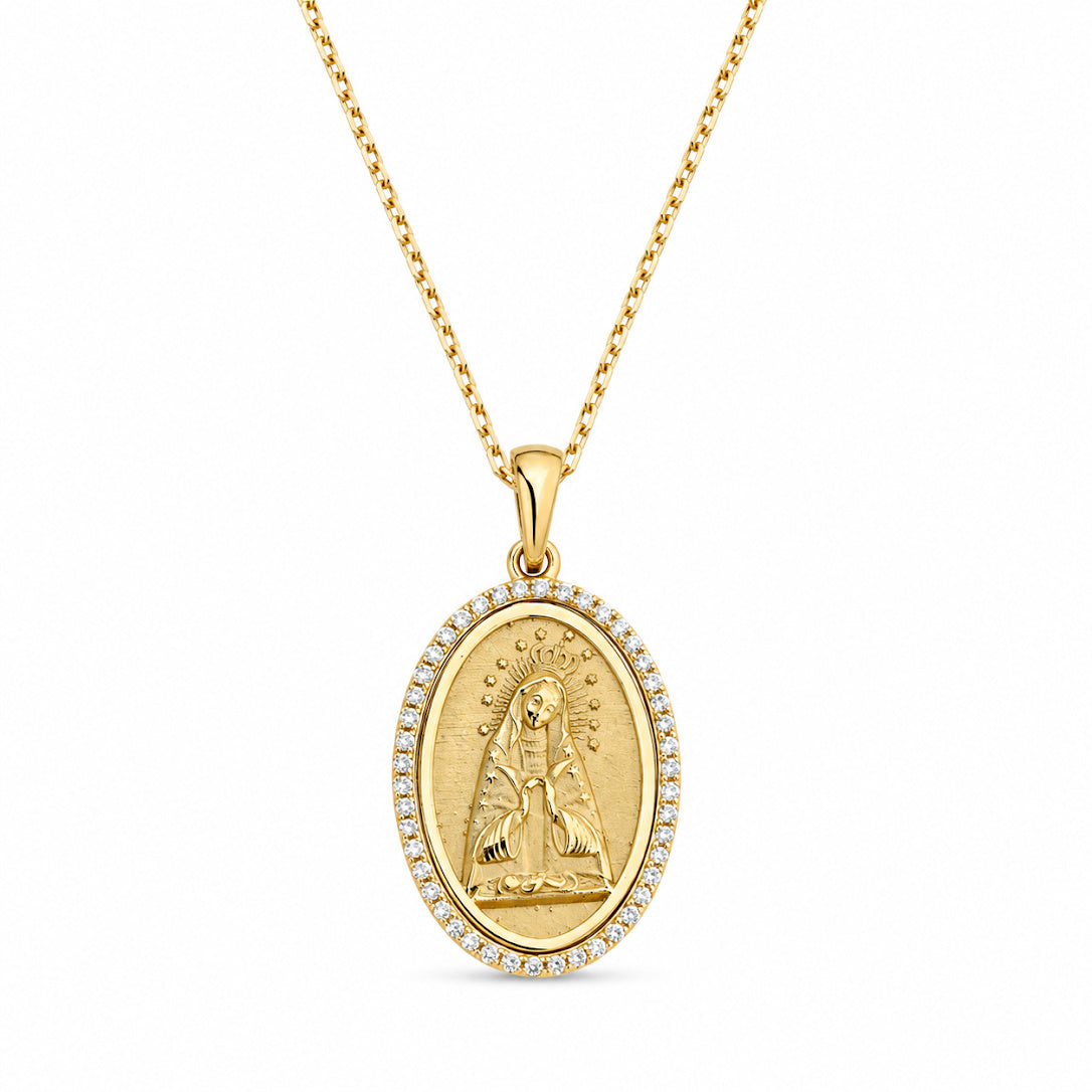 14K Yellow Gold Diamond Our Lady of Altagracia Medal Necklace