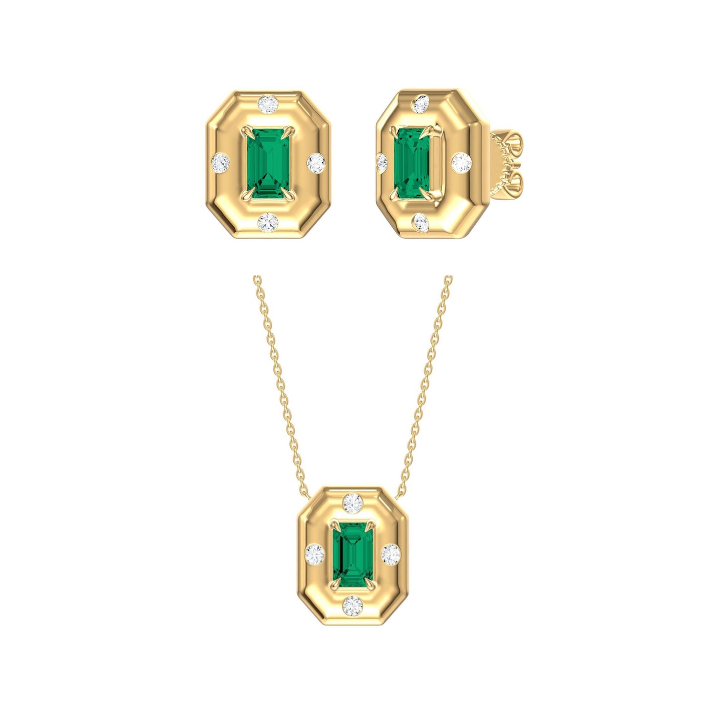 Octagonal Emerald Diamond Earrings & Necklace Gift Jewelry Set