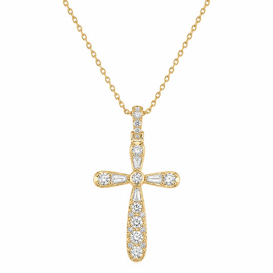 A gold cross pendant necklace adorned with clear baguette and round-cut diamond stones, suspended from a delicate gold chain against a solid white background.