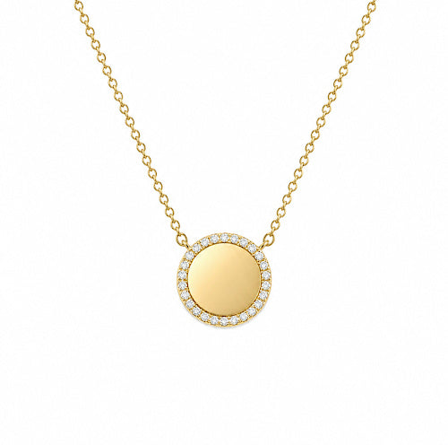 14K Gold Diamond Engravable Disc Pendant Necklace