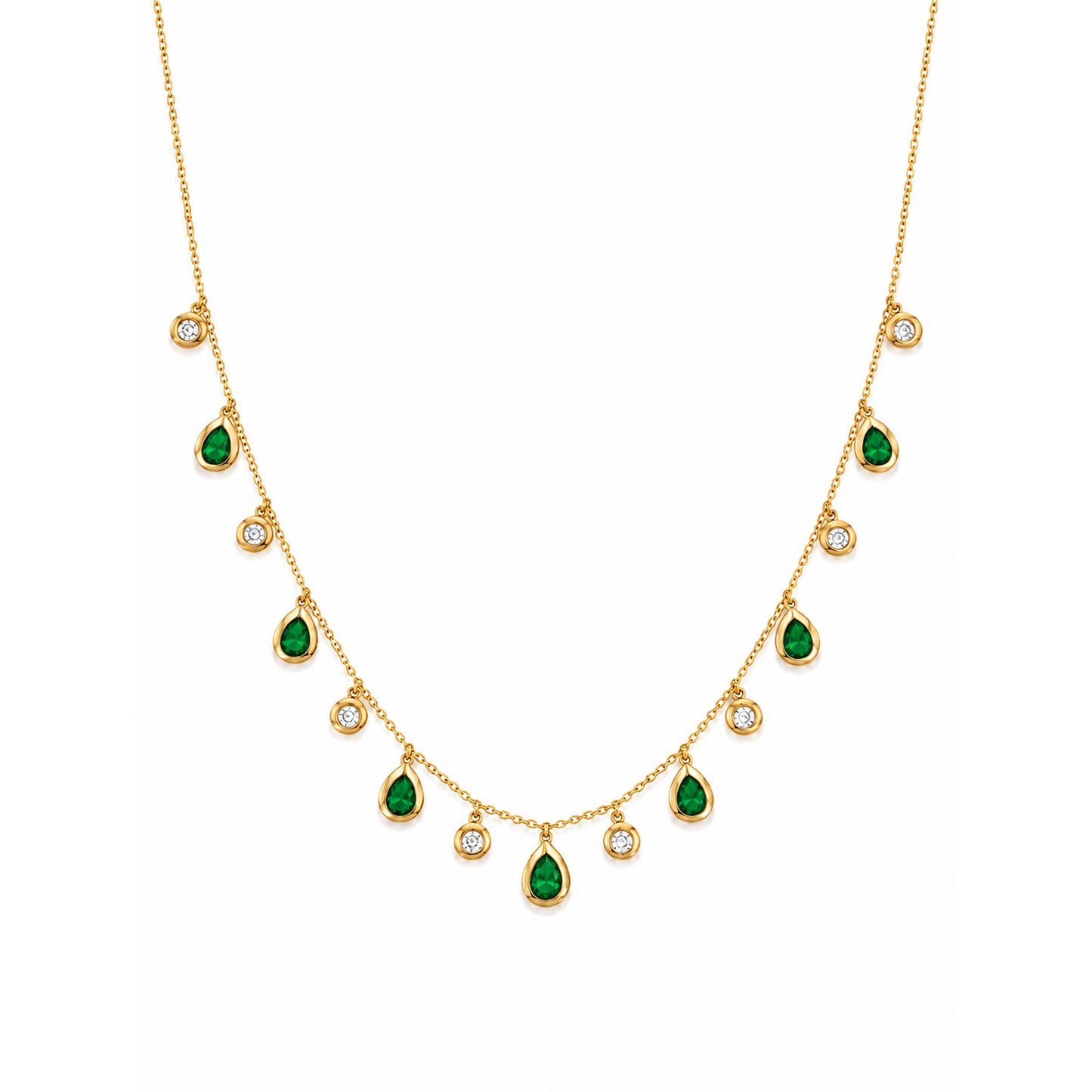 Gold necklace with green gemstones on a white background