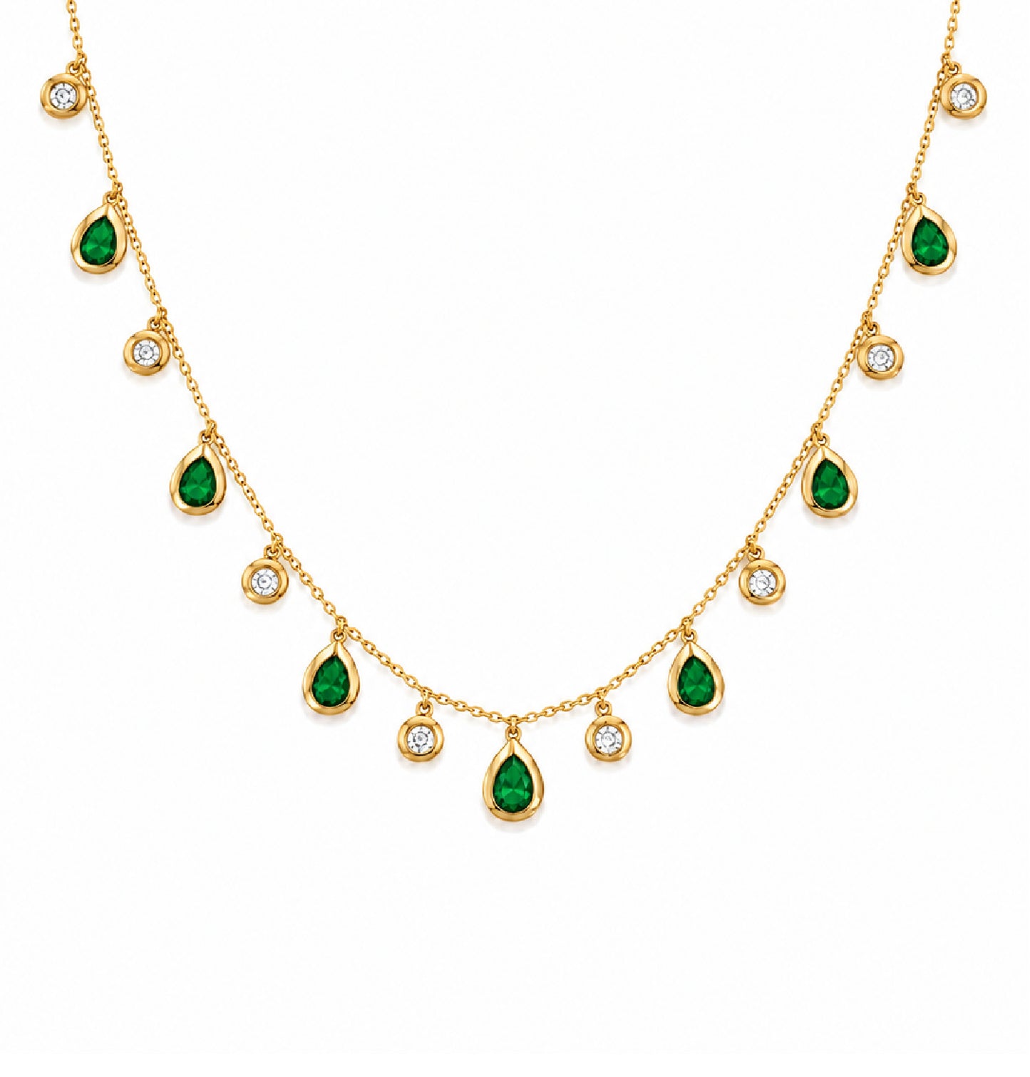 A gold chain necklace featuring multiple green teardrop-shaped emerald-cut gemstones and small round diamond stones, displayed on a clean white background.