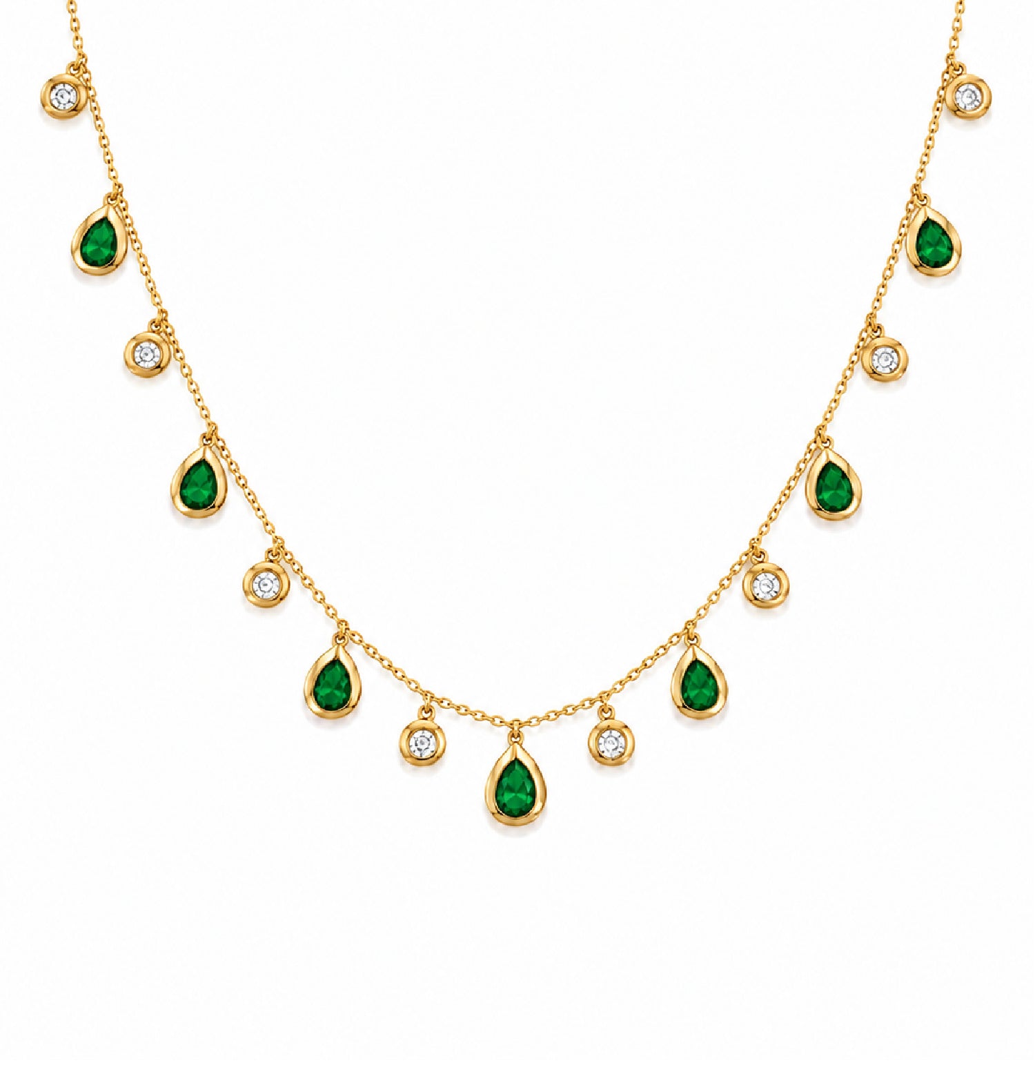 A gold chain necklace featuring multiple green teardrop-shaped emerald-cut gemstones and small round diamond stones, displayed on a clean white background.