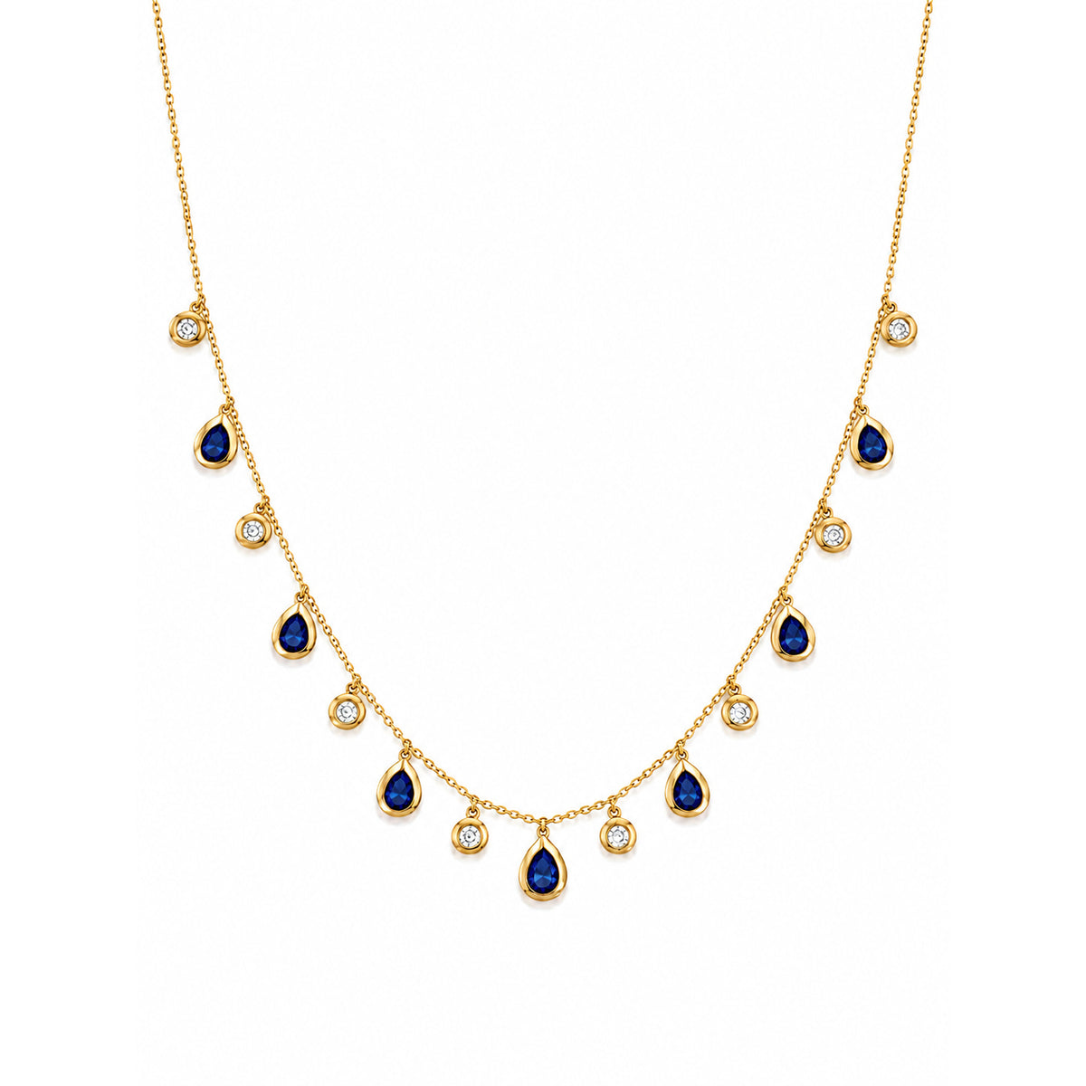 A gold necklace featuring a series of teardrop-shaped dark blue sapphire gemstones and small round diamond stones set along a delicate chain, presented on a solid white background.