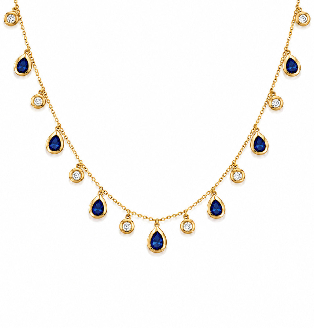 A gold chain necklace featuring multiple teardrop-shaped dark blue sapphire gemstones and small round diamond stones, displayed on a clean white background.