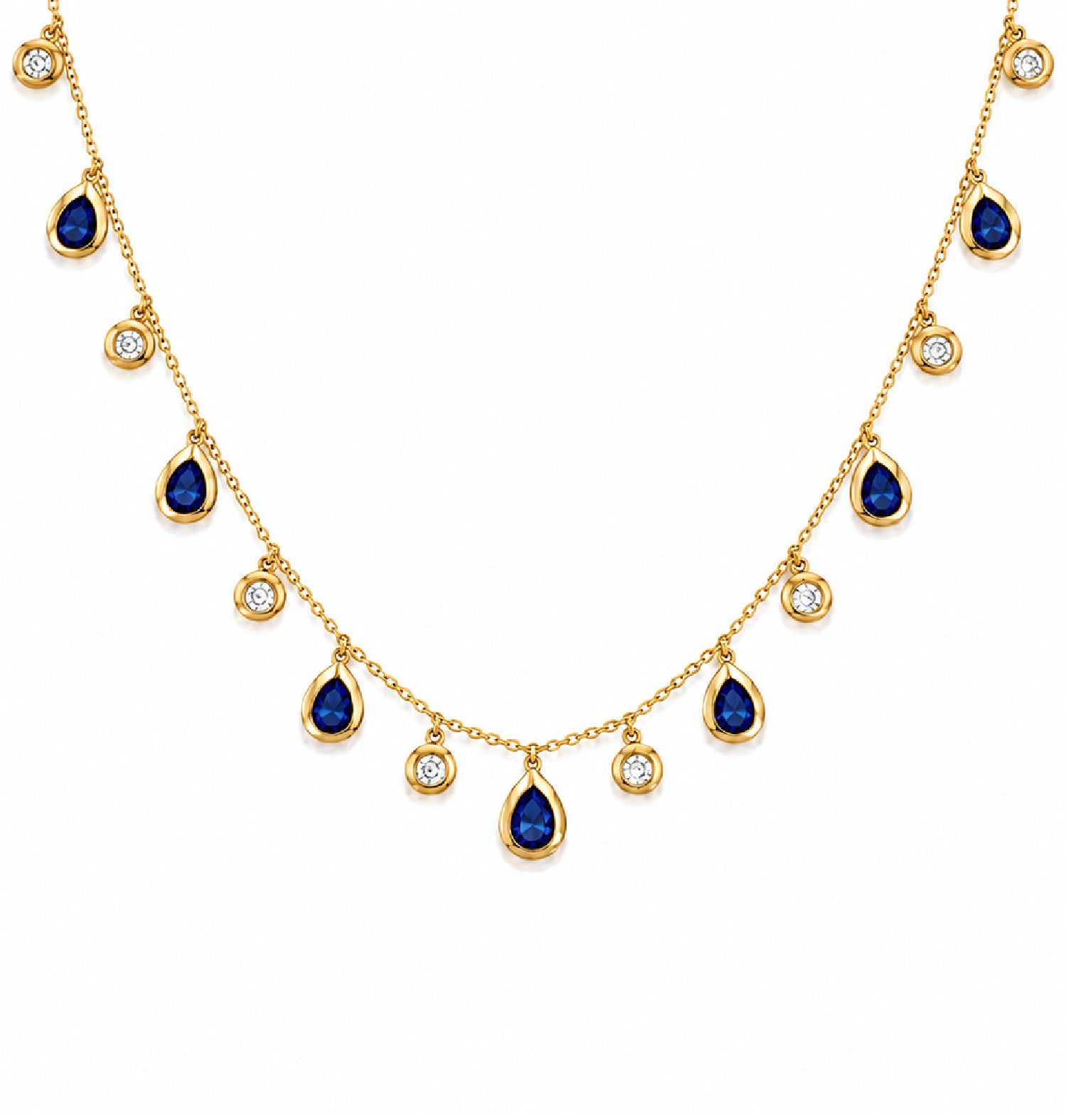 A gold chain necklace featuring multiple teardrop-shaped dark blue sapphire gemstones and small round diamond stones, displayed on a clean white background.