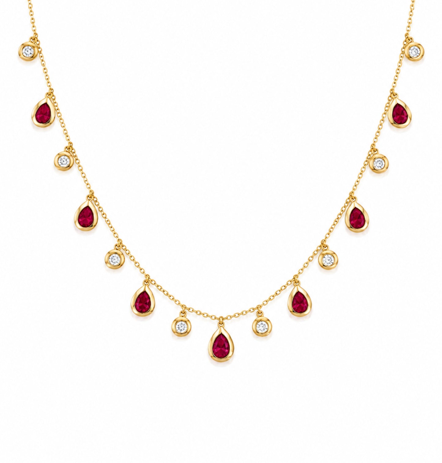 A gold necklace featuring seven teardrop-shaped red ruby gemstones and eight small round diamond stones, displayed on a clean white background.