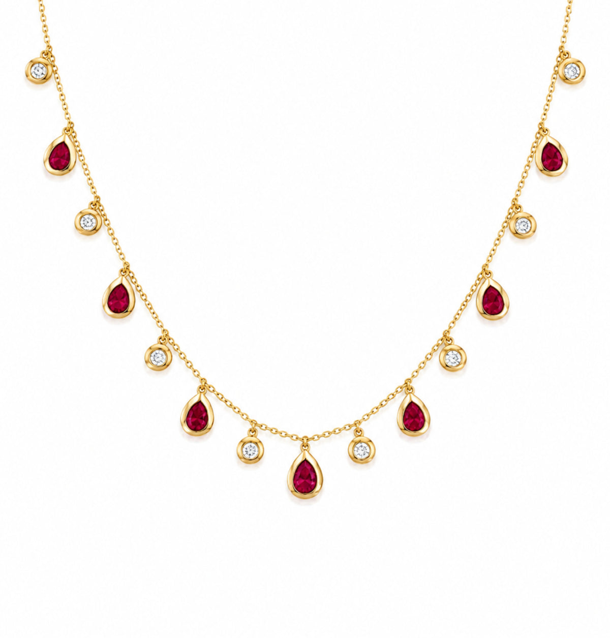 A gold necklace featuring seven teardrop-shaped red ruby gemstones and eight small round diamond stones, displayed on a clean white background.