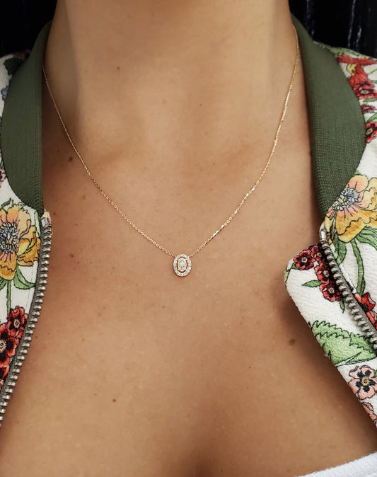 Diamond Baguette Oval Cluster Pendant Necklace