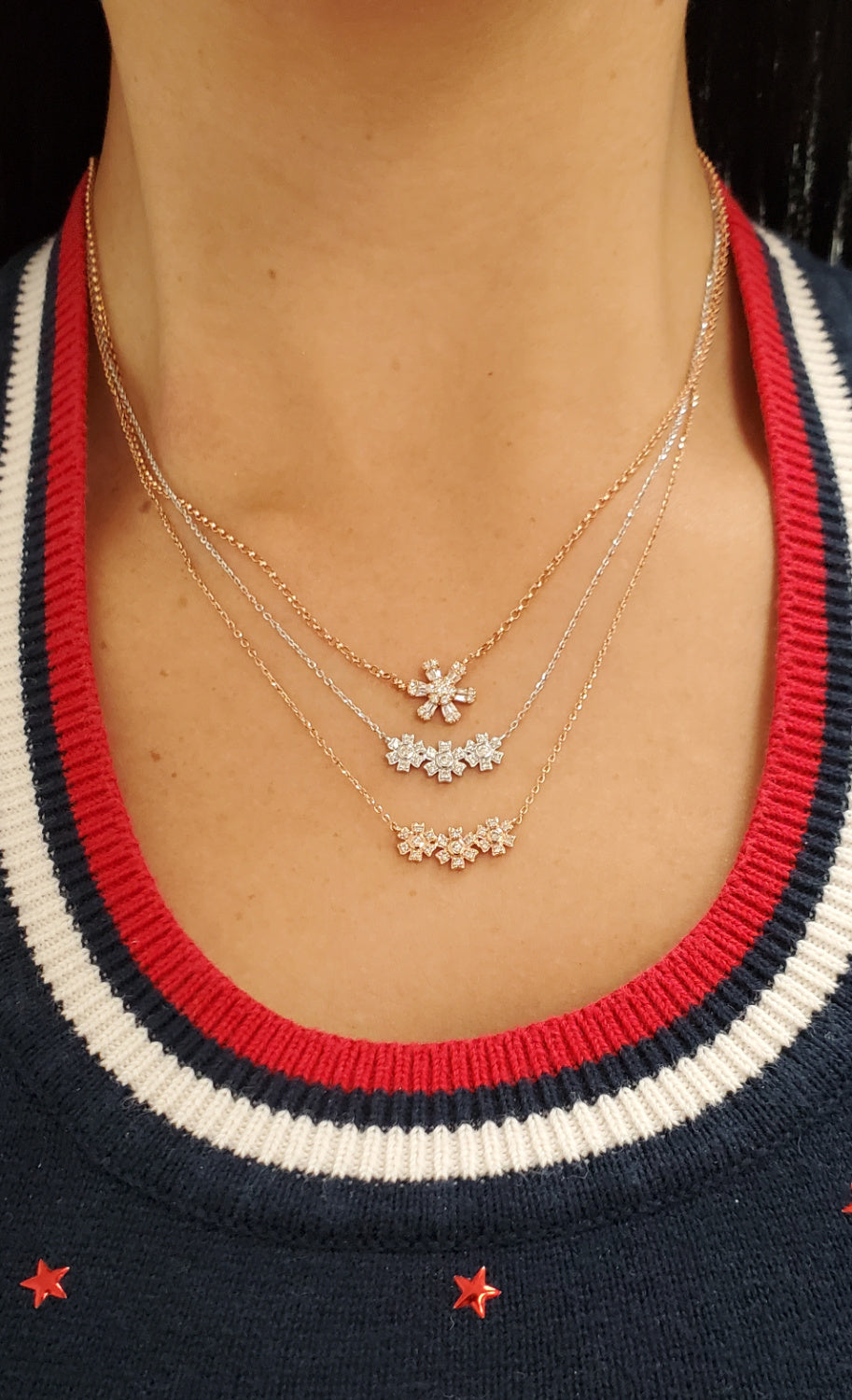 14K Gold three miniature diamond flower necklace
