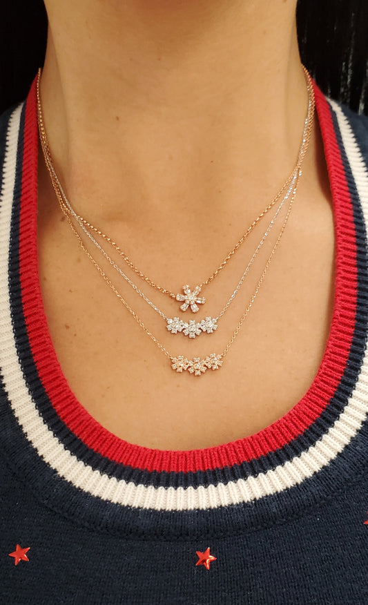 14K Gold three miniature diamond flower necklace