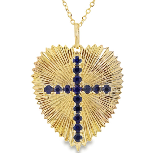 Large Radiating Gold Heart Medallion With Color Stone Cross Necklace