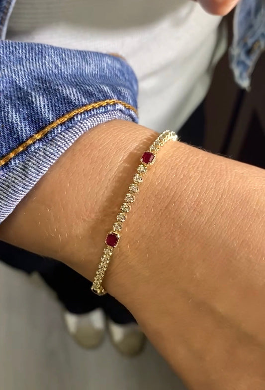 Station Step Cut Rectangular Color Stone And Diamond Tennis Bracelet