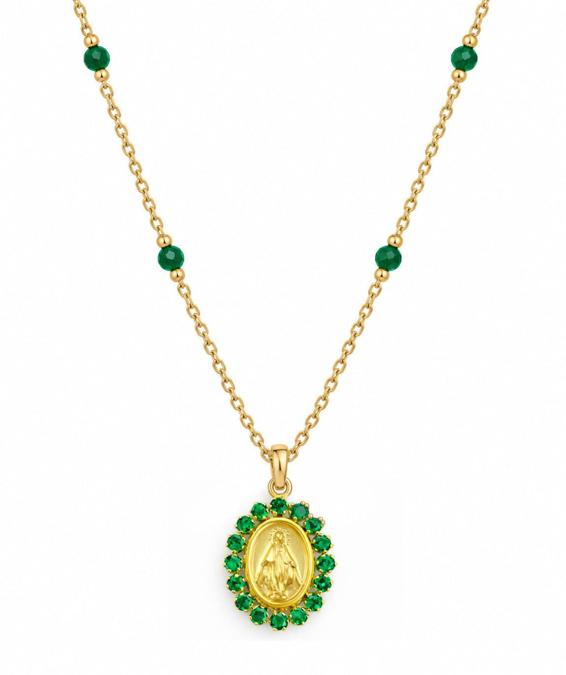 14K Gold Gemstone Miraculous Medal & Agate Station Necklace
