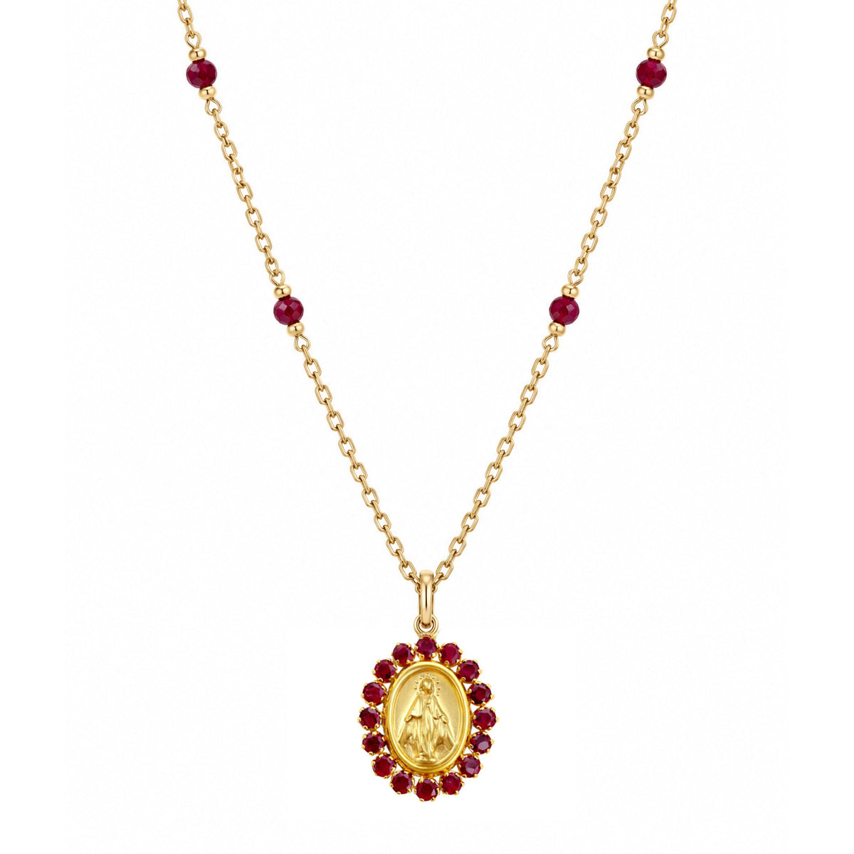 14K Gold Gemstone Miraculous Medal & Agate Station Necklace