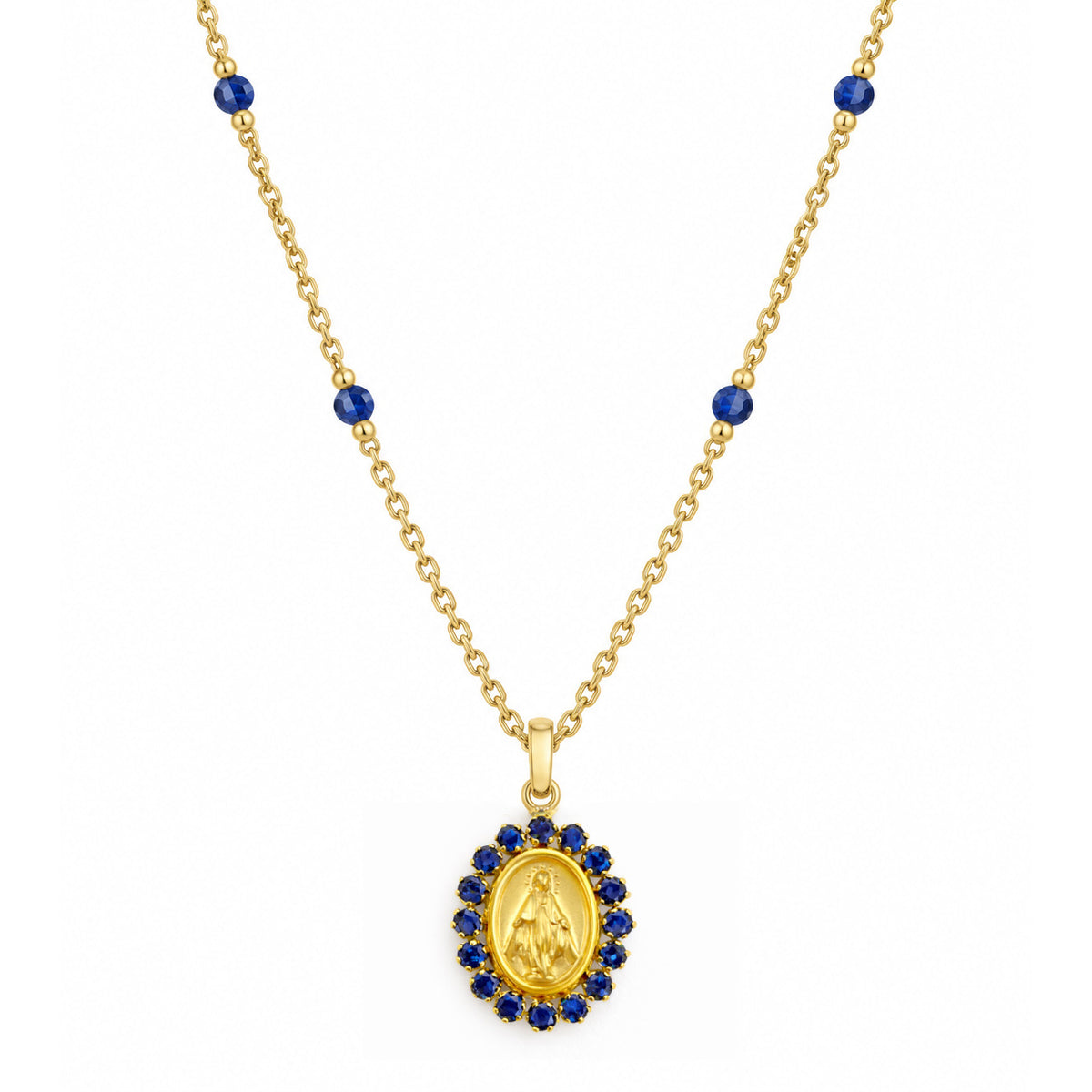 14K Gold Gemstone Miraculous Medal & Agate Station Necklace