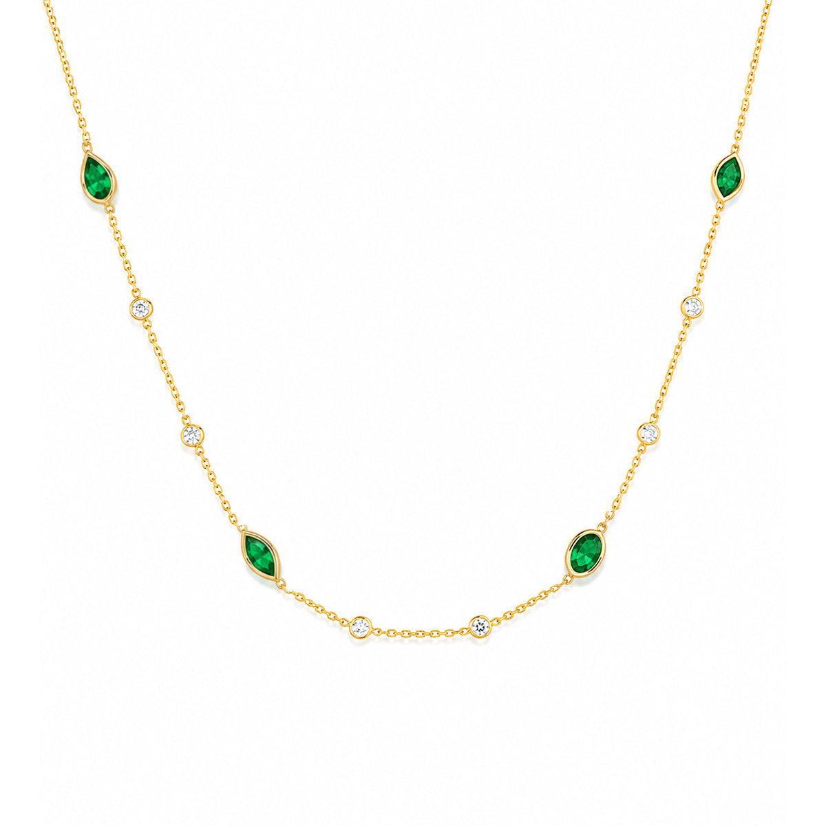 14K yellow gold multi-shape natural emerald and diamond station necklace with marquise, pear and oval gemstones