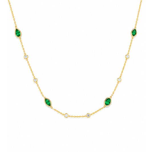 14K yellow gold multi-shape natural emerald and diamond station necklace with marquise, pear and oval gemstones