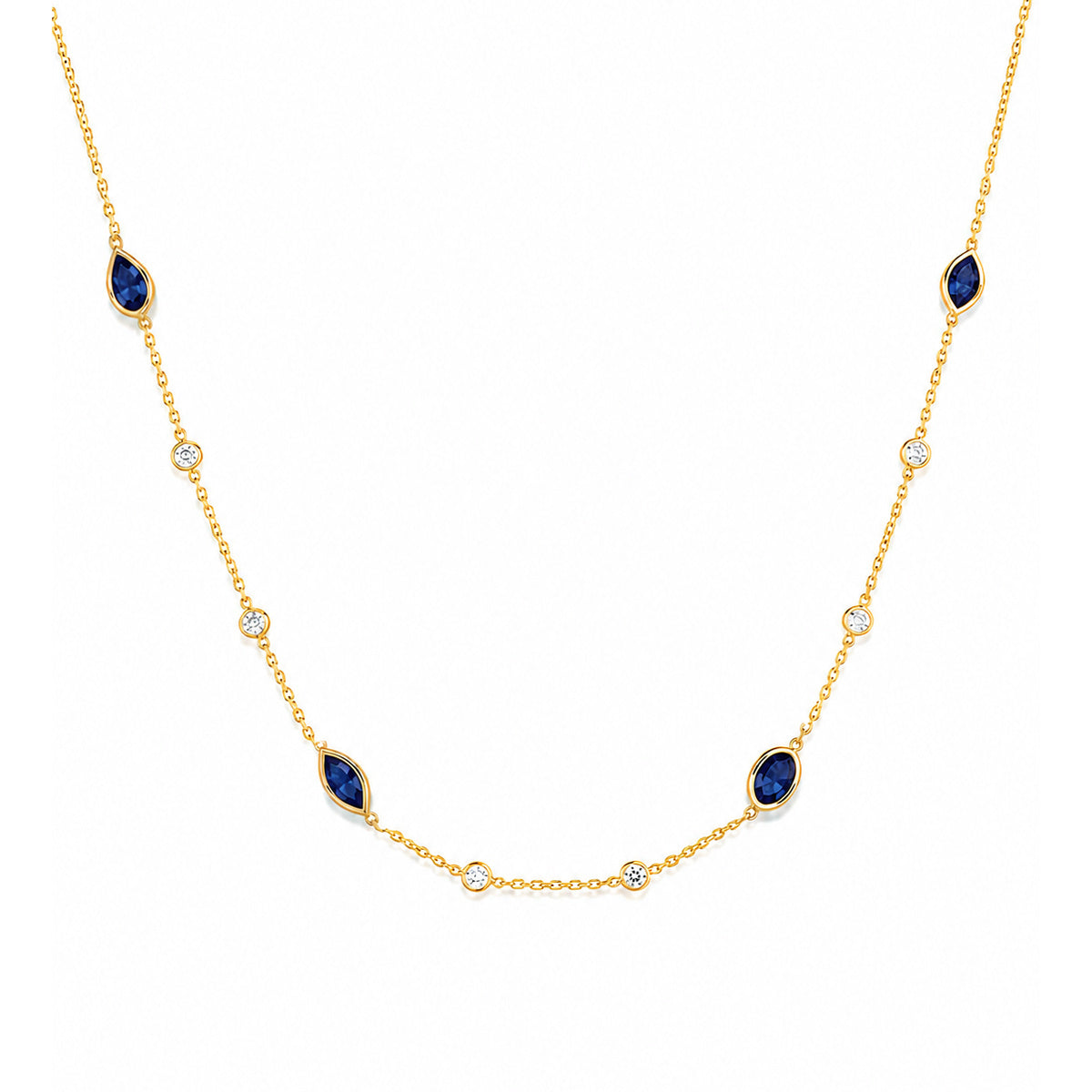 14K yellow gold multi-shape natural blue sapphire and diamond station necklace with six natural diamonds