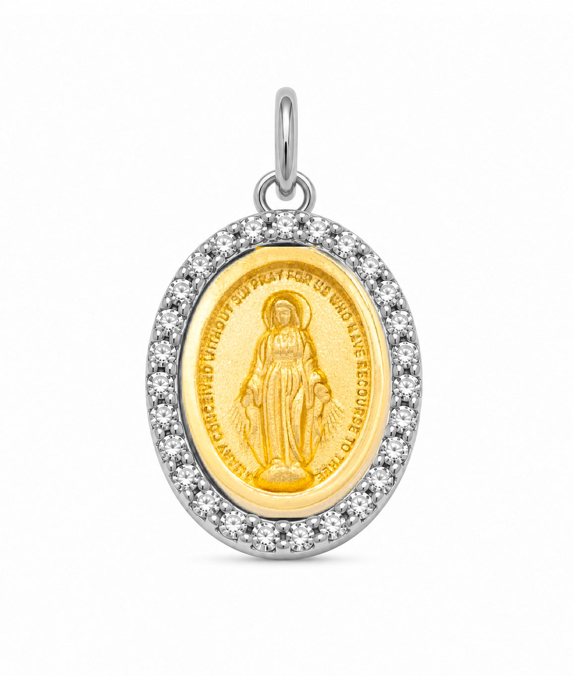 An oval Miraculous Medal pendant featuring a gold center medallion with a white gold border encrusted with small diamond stones, shown on a plain white background.
