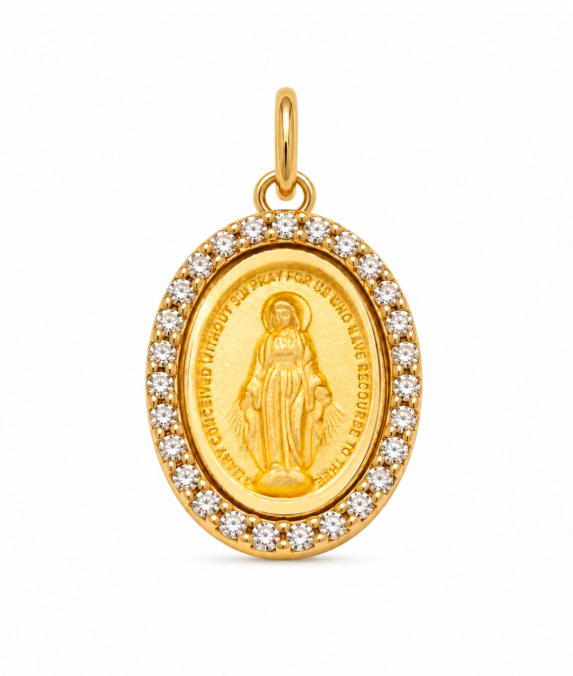 A gold oval Miraculous Medal pendant with a halo of small diamond stones around the border, shown on a plain white background.