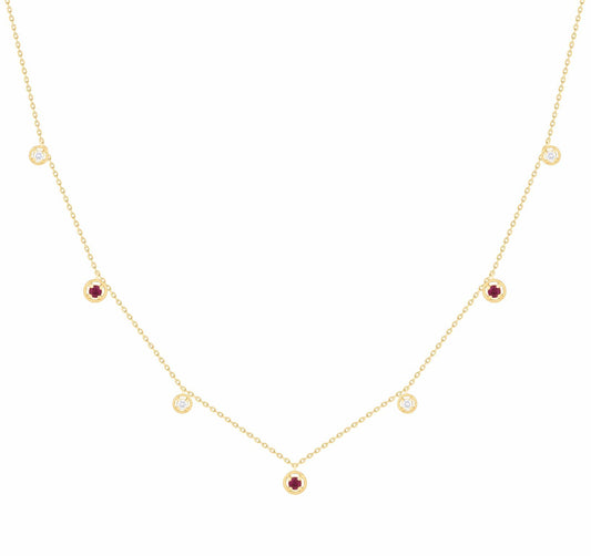 Mini Beaded Halo Color Stone and Diamond Station Dangle Necklace