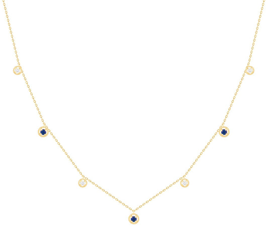 Mini Beaded Halo Color Stone and Diamond Station Dangle Necklace