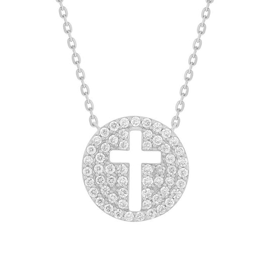 Cut Out Cross Diamond Round Pendant Necklace