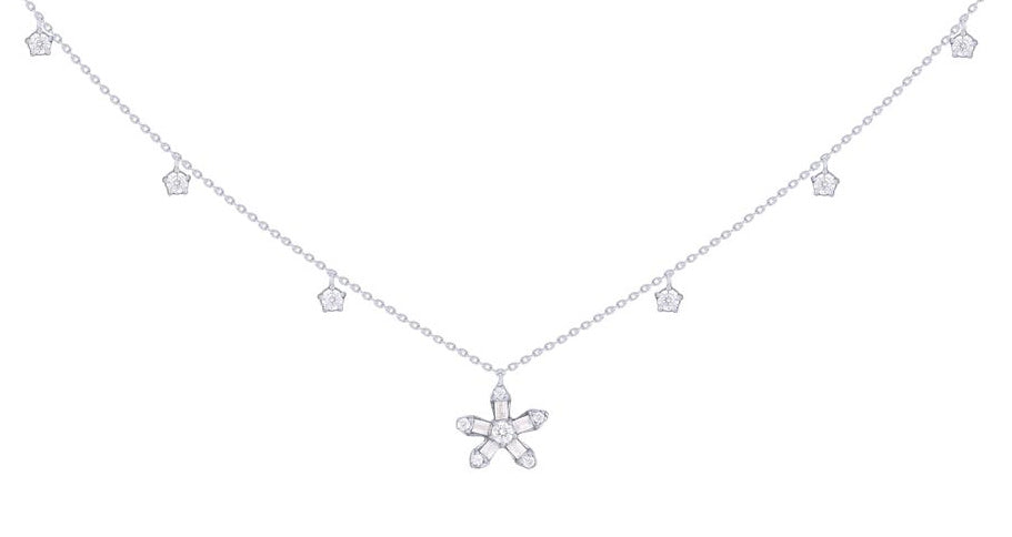 Mini Diamond Baguette Flower Earrings and Necklace Gift Set 14K White Gold