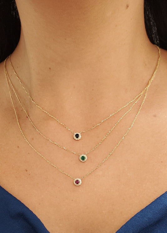 Round Halo Color Stone and Diamond Necklace
