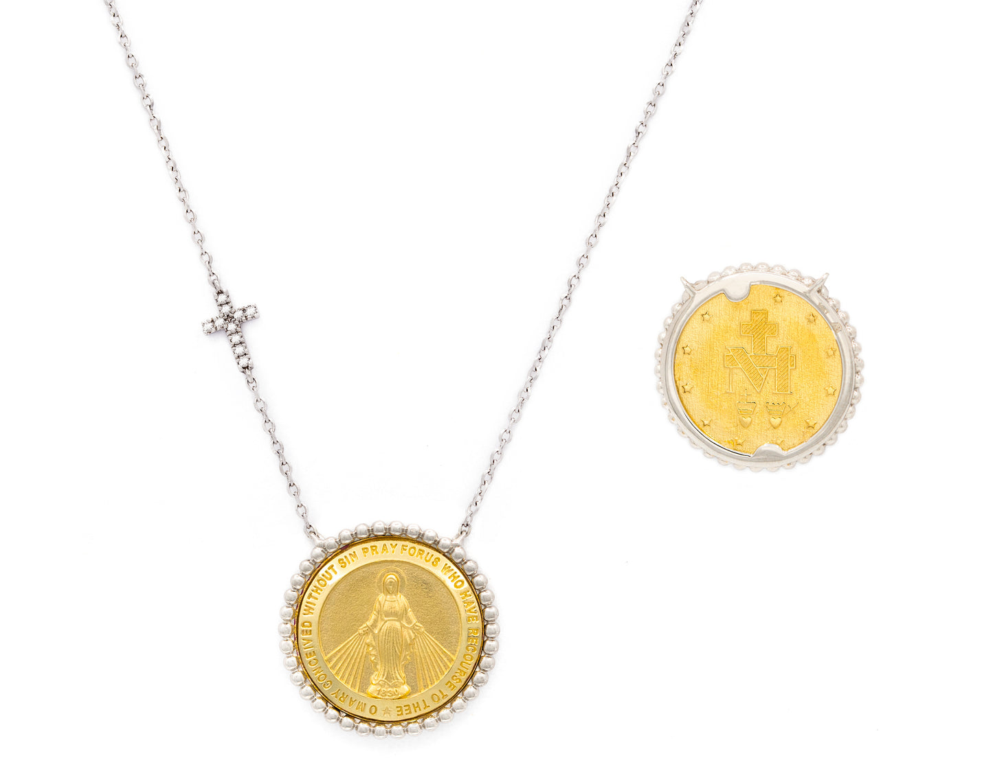 Round Beaded Miraculous Medal with Mini Diamond Cross Necklace