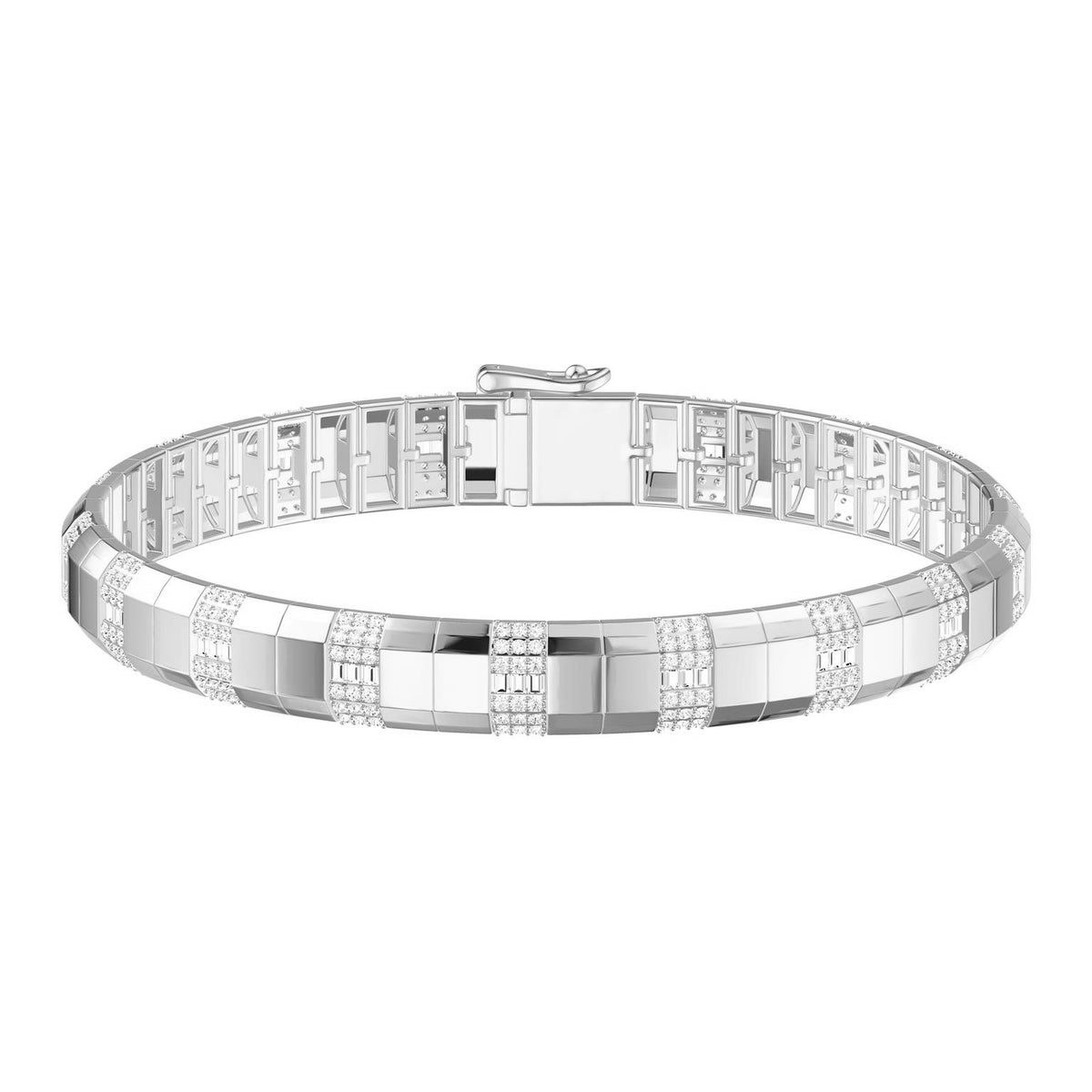 A white gold wide geometric linked bracelet with rectangular segments and rows of baguette cut and round cut diamond stones, shown on a plain white background.