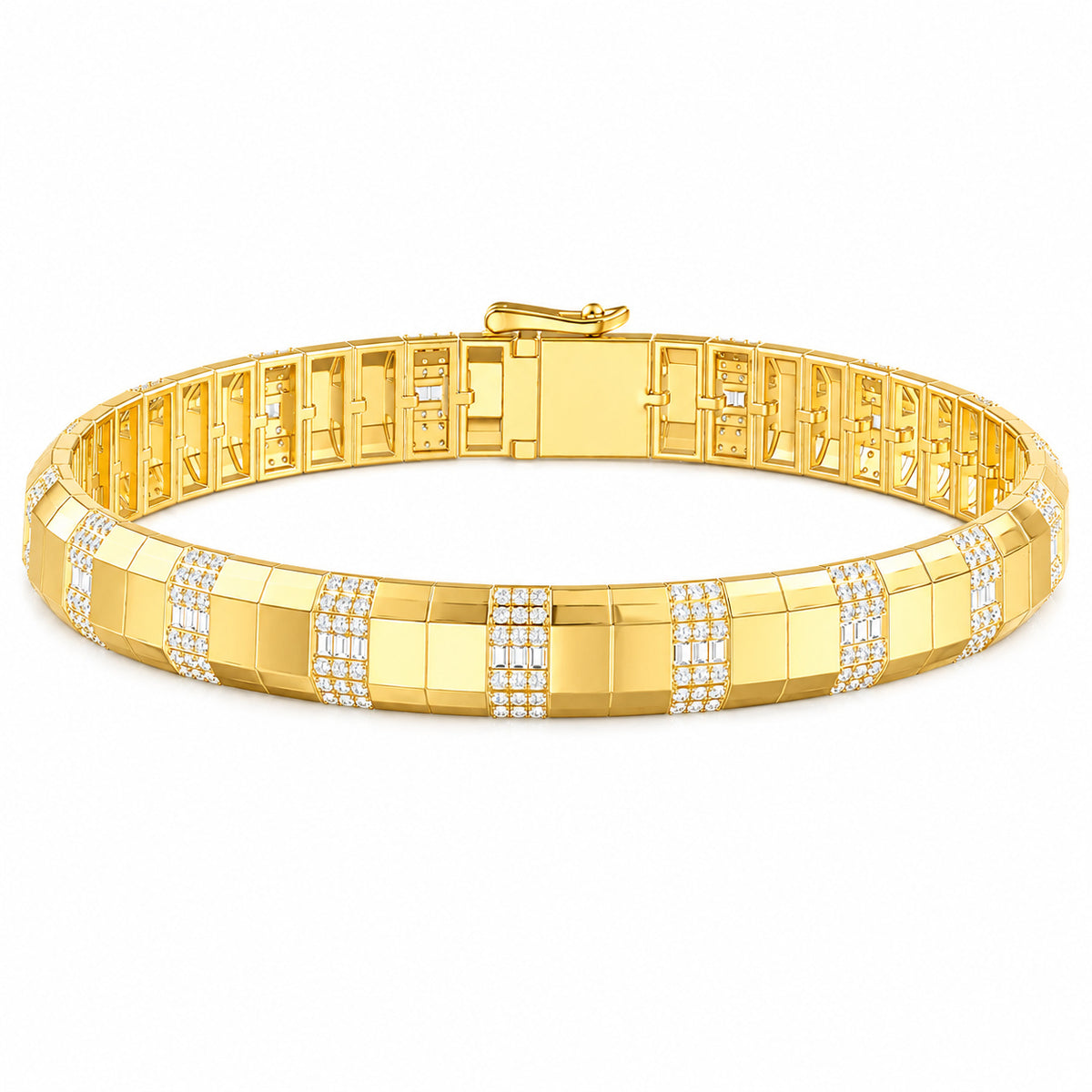 A gold tennis bracelet with a block-link design, featuring rows of small baguette cut and round cut diamond stones set along the front, displayed on a clean white background.