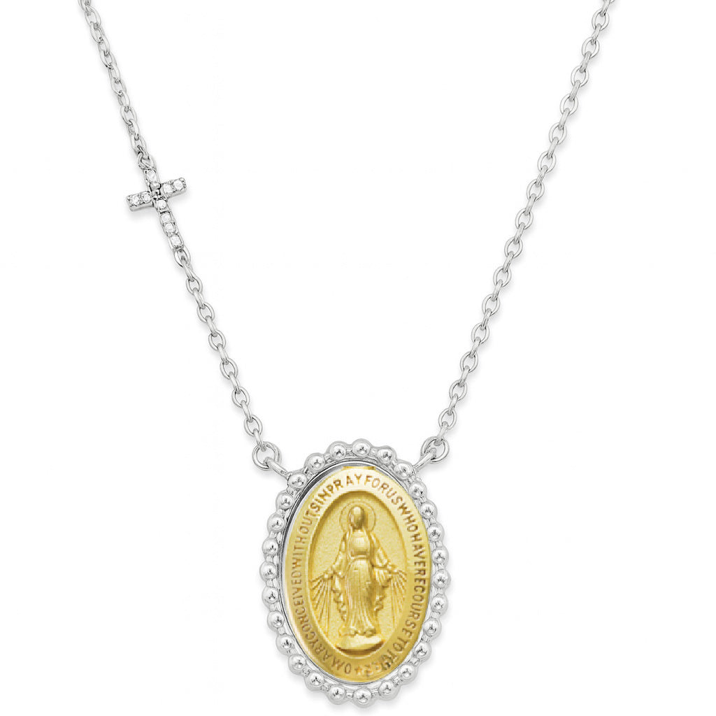 Small Beaded Miraculous Medal Necklace with a Diamond Accent Cross