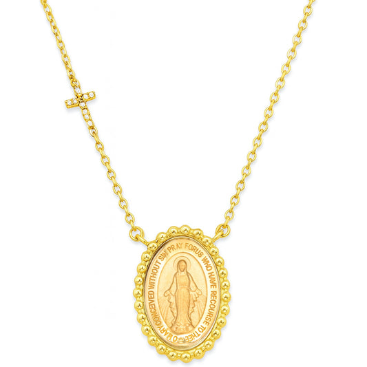 Small Beaded Miraculous Medal Necklace with a Diamond Accent Cross