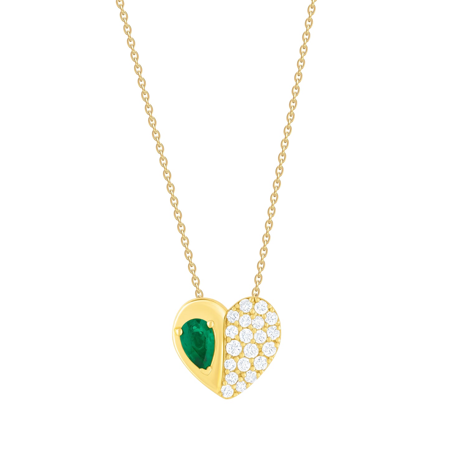 Pear Shape Color Stone Diamond Pave Heart Necklace 14K Gold