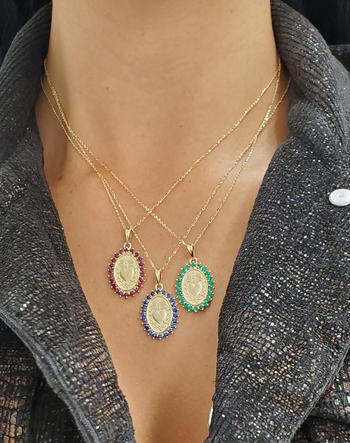 Sacred Heart of Jesus Medal with Color Stone Halo Necklace