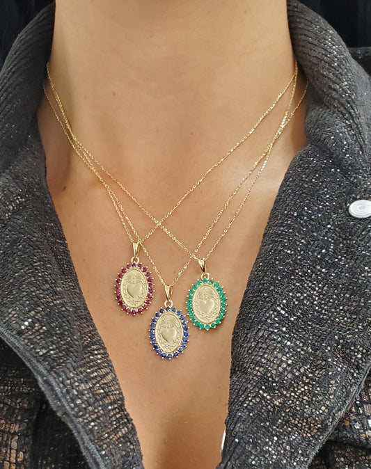 Sacred Heart of Jesus Medal with Color Stone Halo Necklace