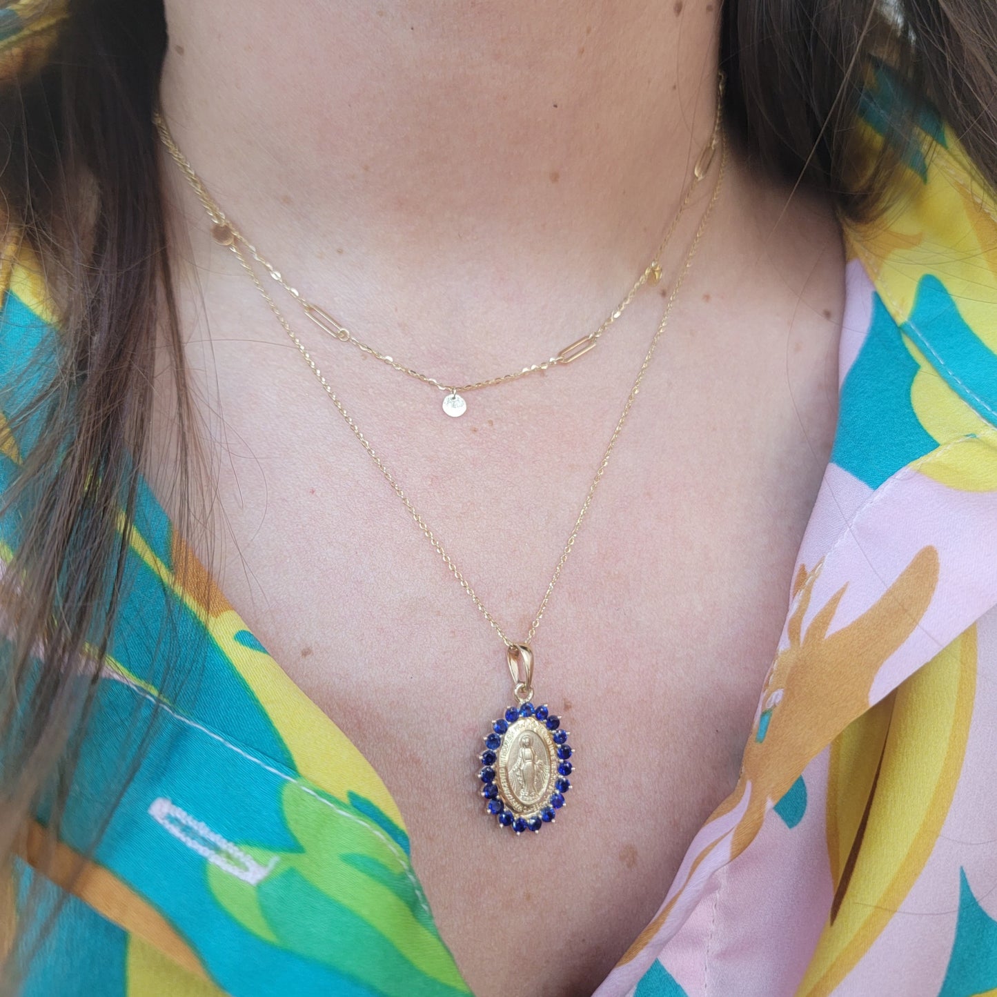 Medium Chunky Color Stone Miraculous Medal Necklace