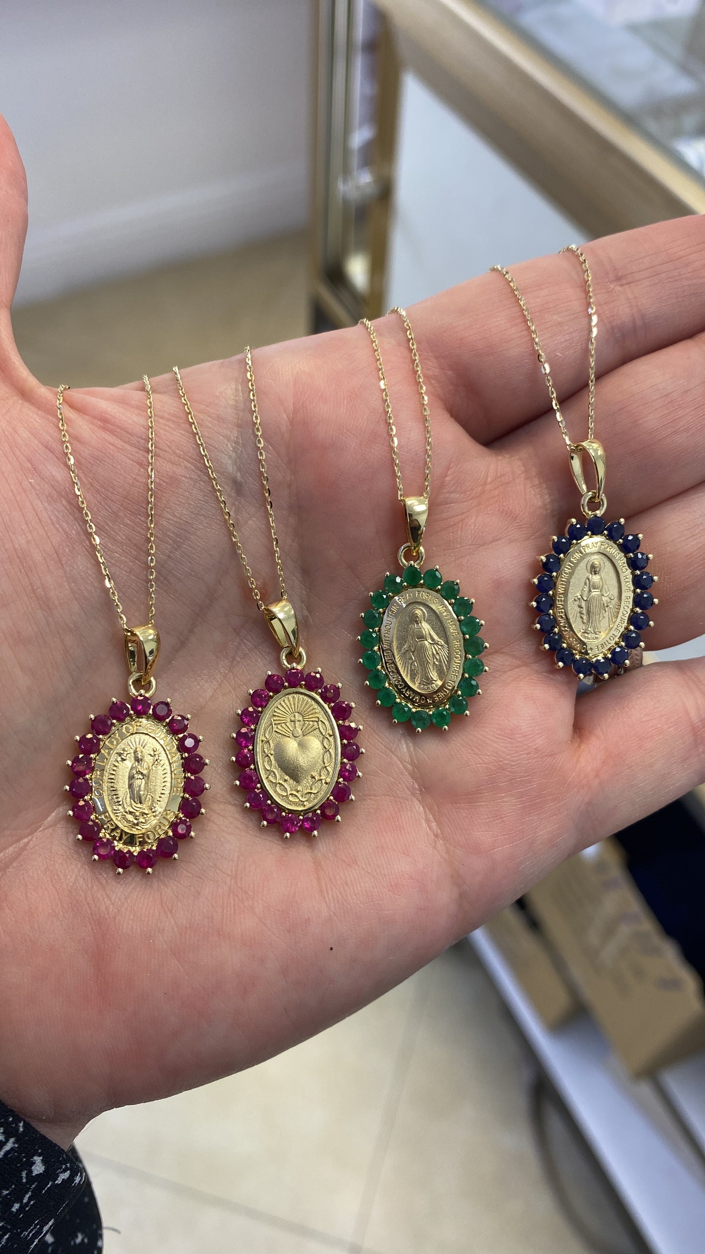Sacred Heart of Jesus Medal with Ruby Color Stone Halo Necklace