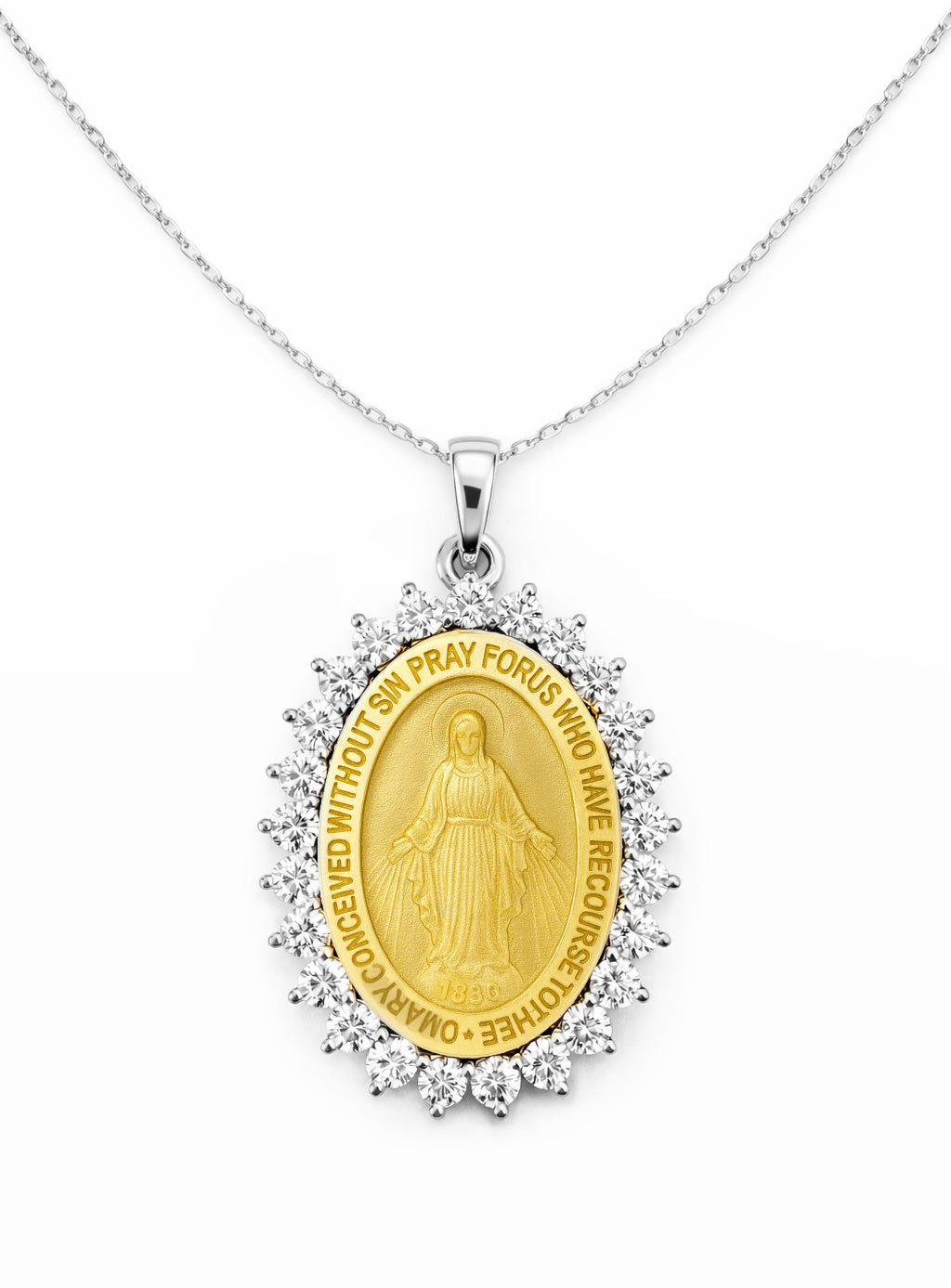 Large Diamond Miraculous Medal Necklace 27X21mm