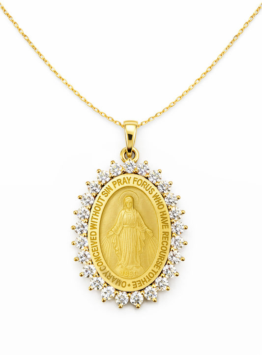 Large Diamond Miraculous Medal Necklace 27X21mm
