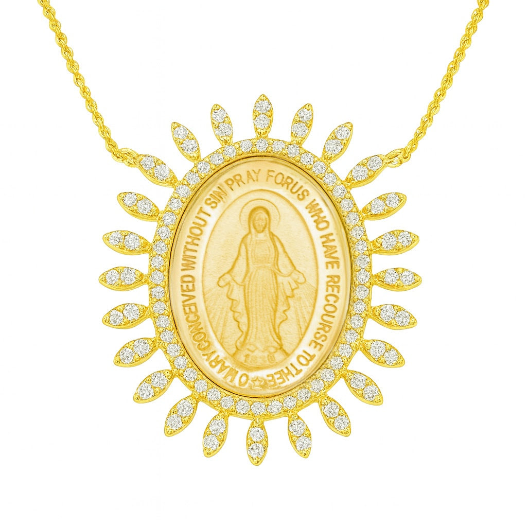 Divine Radiance 14K Gold Diamond Halo Miraculous Medal Necklace