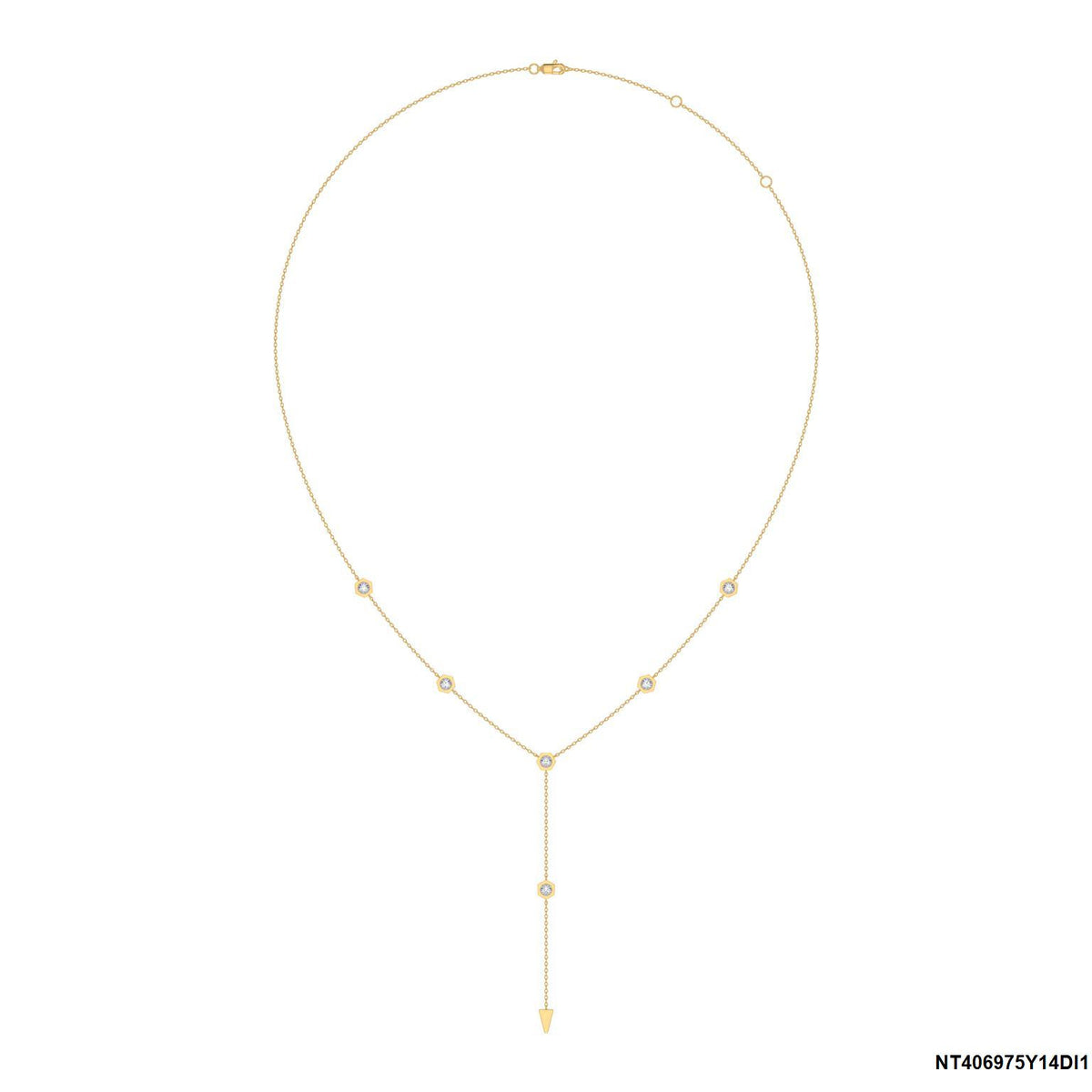 A delicate gold Y-necklace with small geometric hexagon bezel set diamonds along the chain and a central drop pendant, displayed on a clean white background