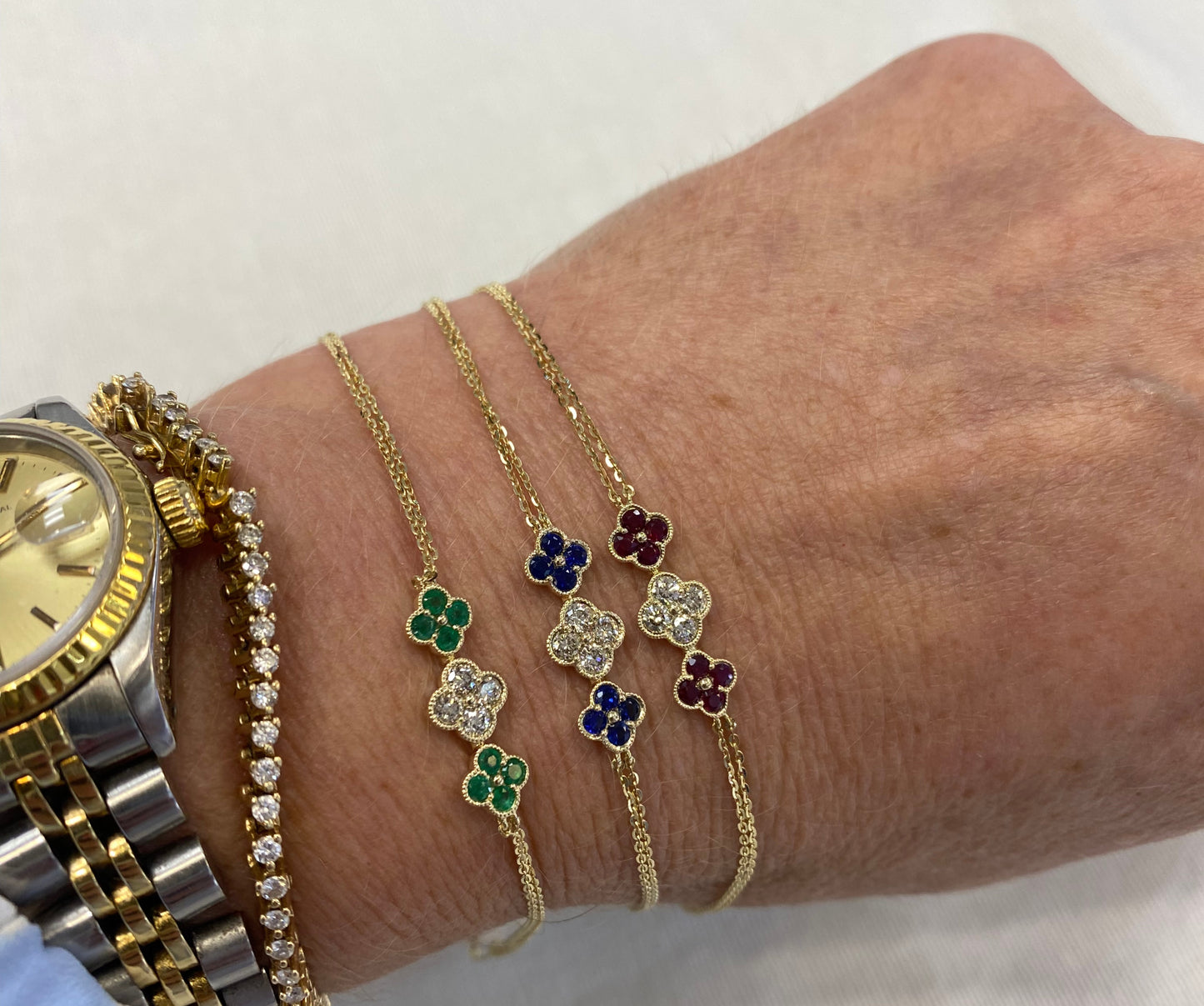 Triple Clover Diamond And Color Stone Bracelet