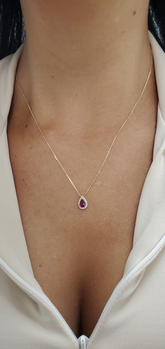 Pear-Shaped Color Stone Necklace with Diamond Halo