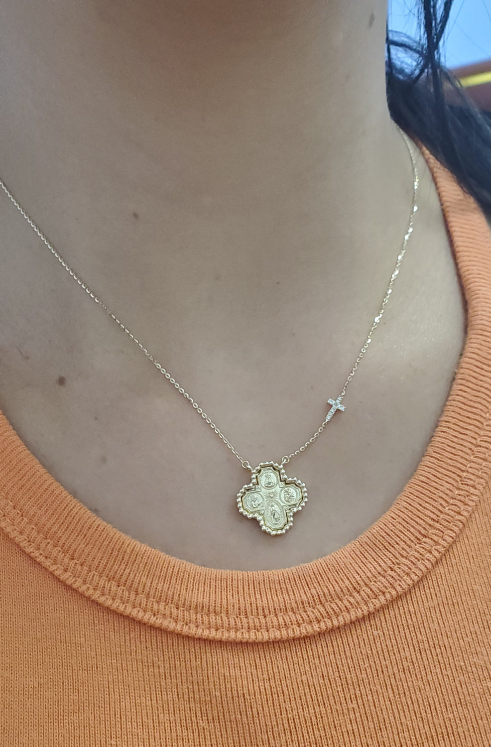 Beaded Border Four Way Medal Cross with Mini Diamond Accent Cross Necklace