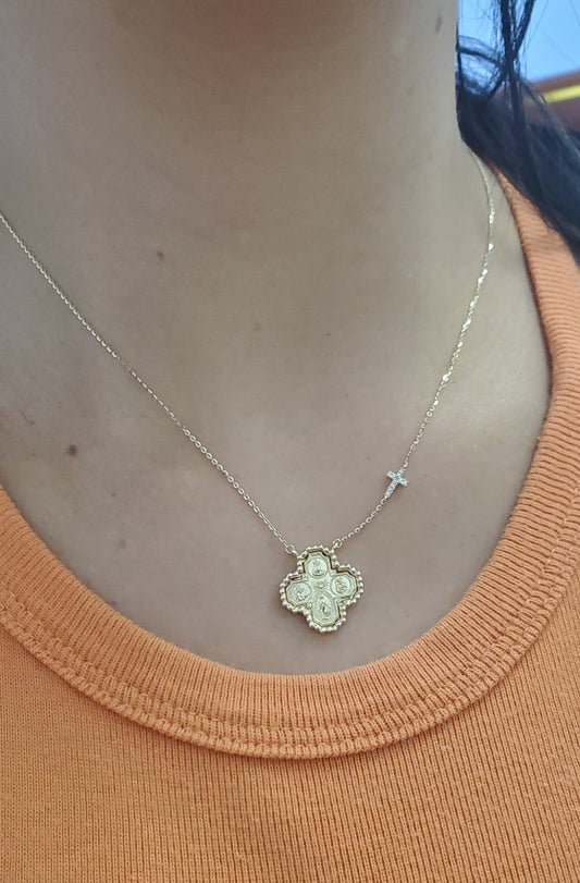 Beaded Border Four Way Medal Cross with Mini Diamond Accent Cross Necklace