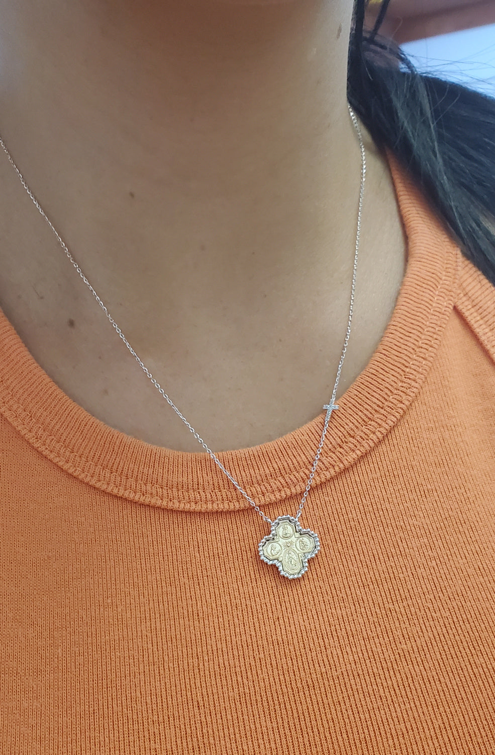 Beaded Border Four Way Medal Cross with Mini Diamond Accent Cross Necklace