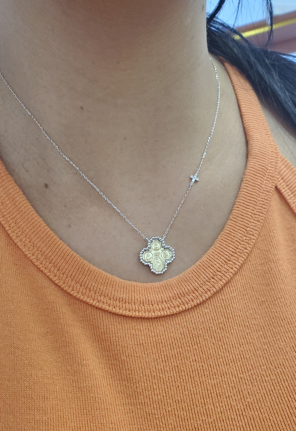 Beaded Border Four Way Medal Cross with Mini Diamond Accent Cross Necklace
